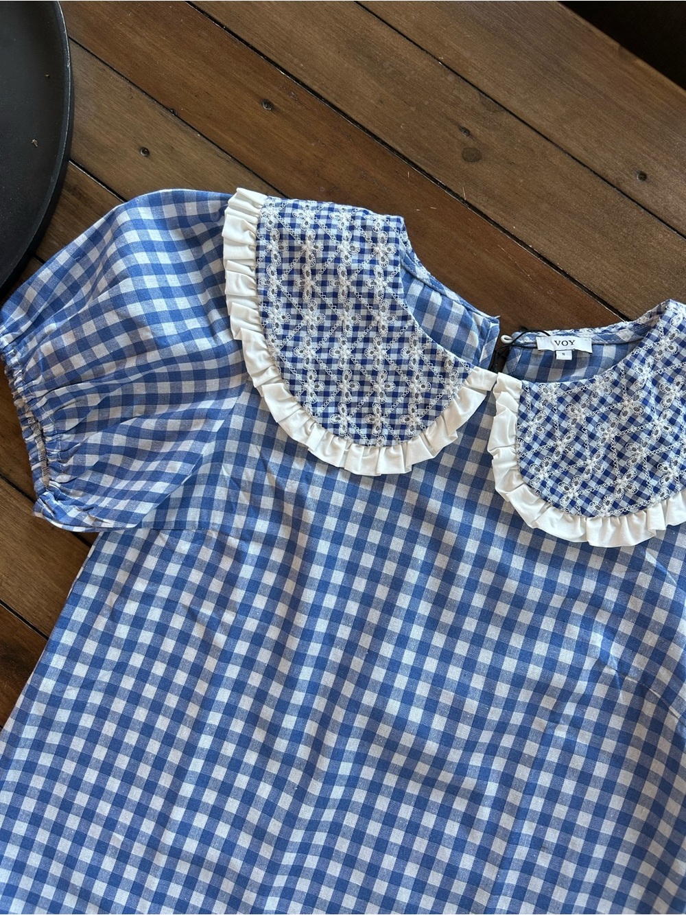 VOY Boutique Blue Gingham Checkered Collared Puff Sleeve Blouse S - Picture 3 of 8